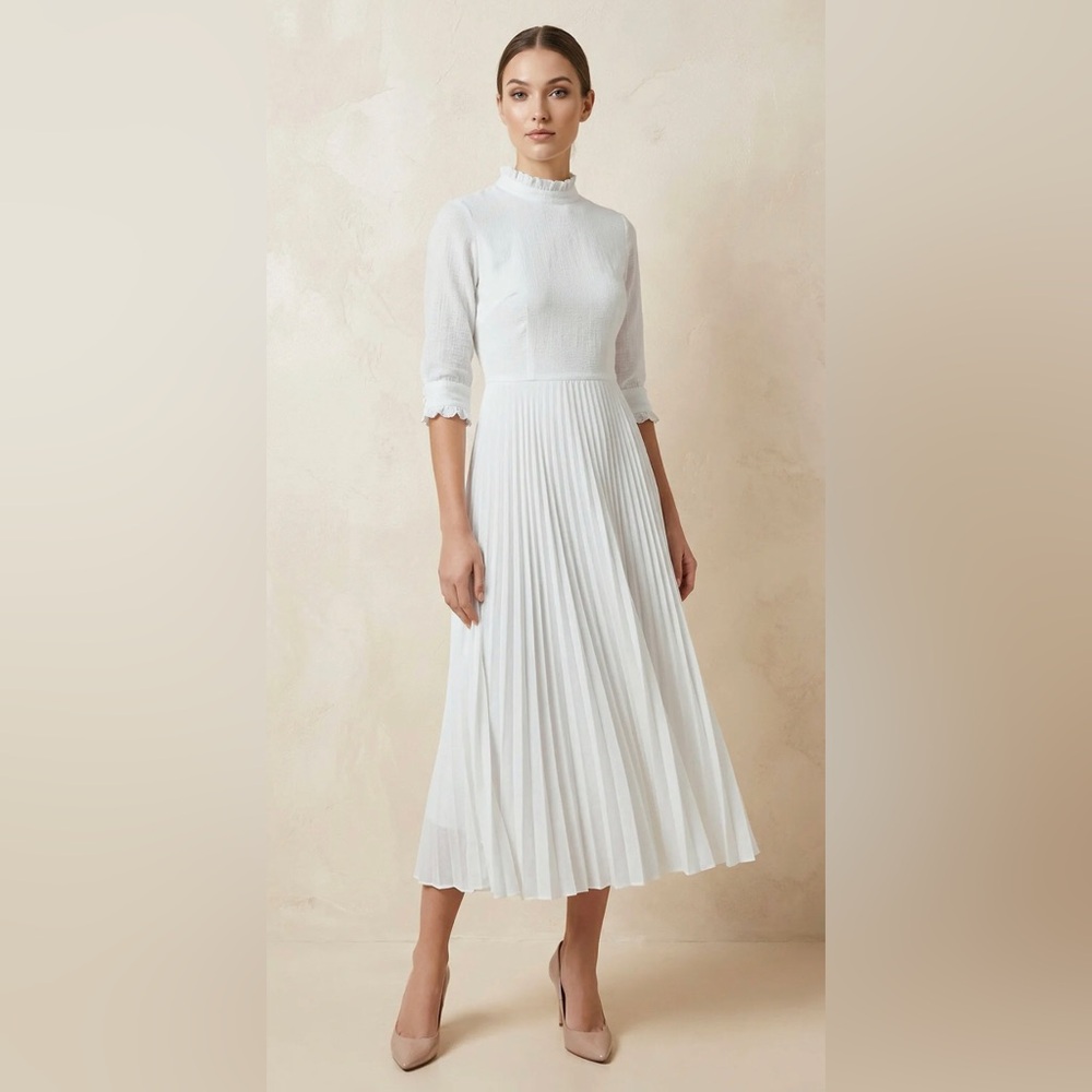 Long Sleeve  DressPleats Tea-length A-Line High Neck